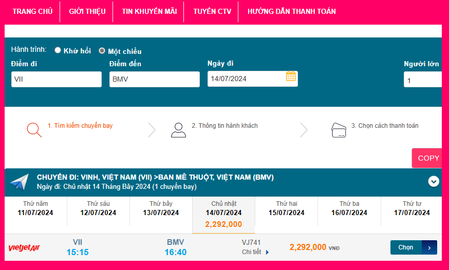 Vinh (VII) - Ban Mê Thuột (BMV) 14/07/2024