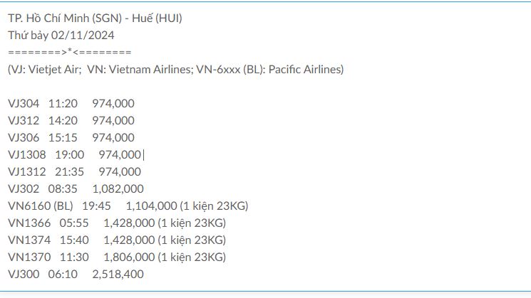 TP. Hồ Chí Minh (SGN) - Huế (HUI) Thứ bảy 02/11/2024