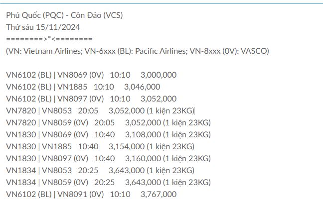 Phú Quốc (PQC) - Côn Đảo (VCS) Thứ sáu 15/11/2024