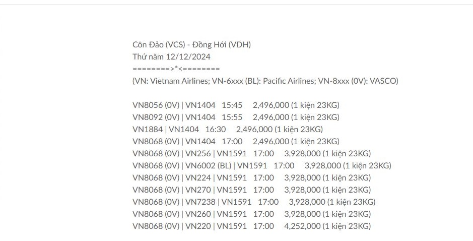 Côn Đảo (VCS) - Đồng Hới (VDH) Thứ năm 12/12/2024