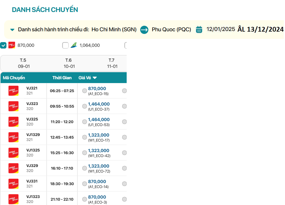Hồ Chí Minh - Phú Quốc  12/01/2025 ÂL 13/12/2024