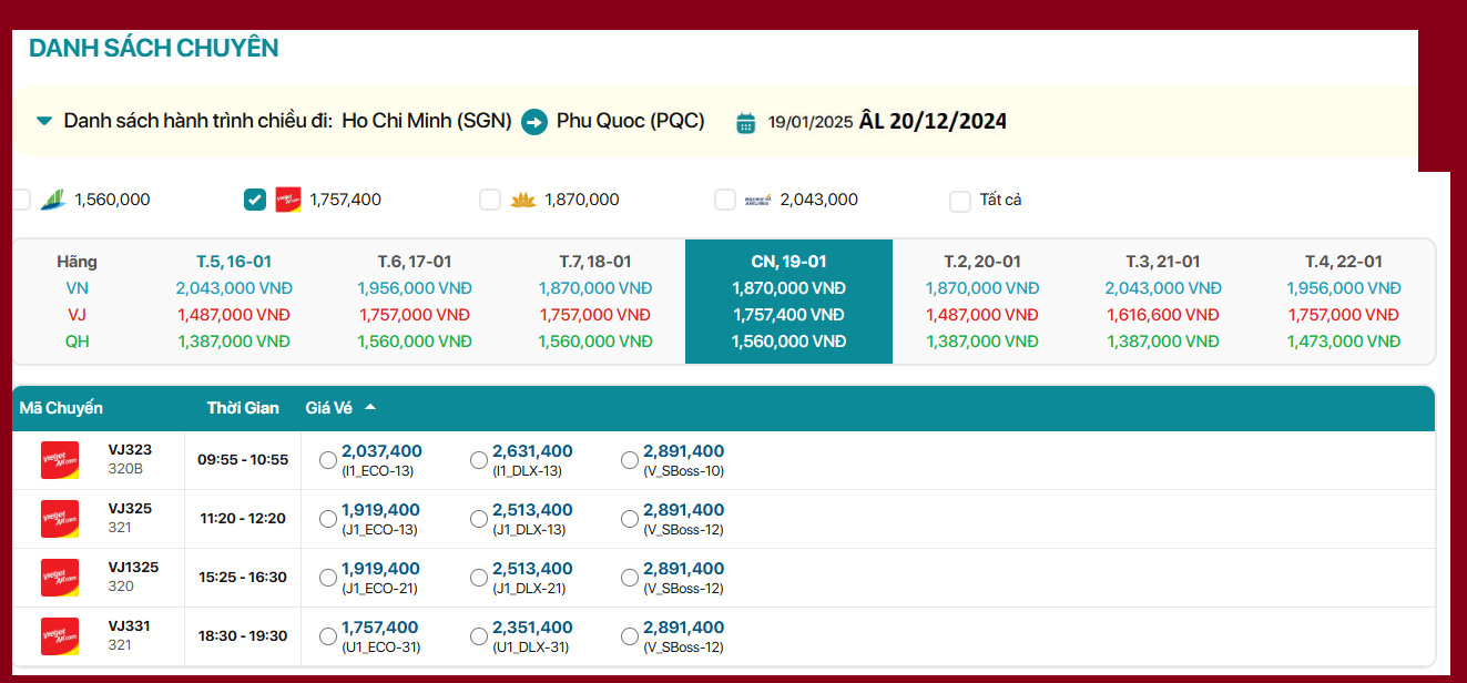 Hồ Chí Minh - Phú Quốc 19/01/2025 ÂL 20/12/2024