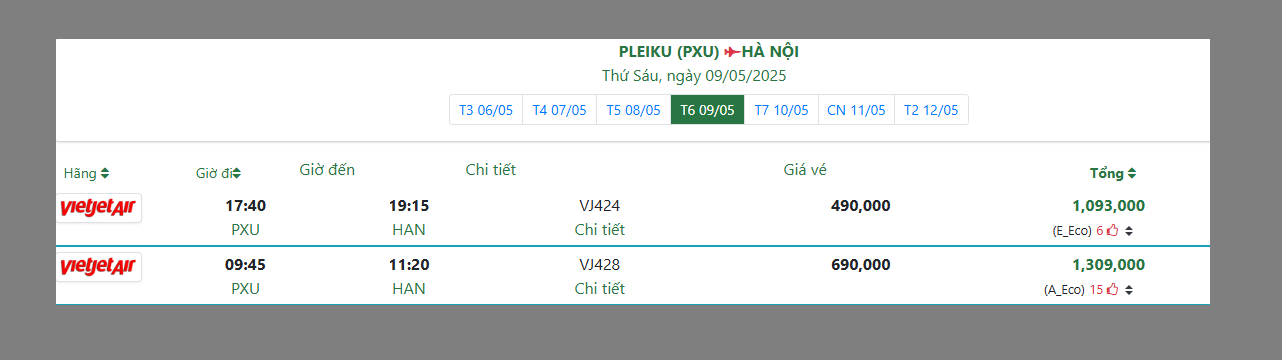 PLEIKU (PXU) HÀ NỘI Thứ Sáu, ngày 09/05/2025