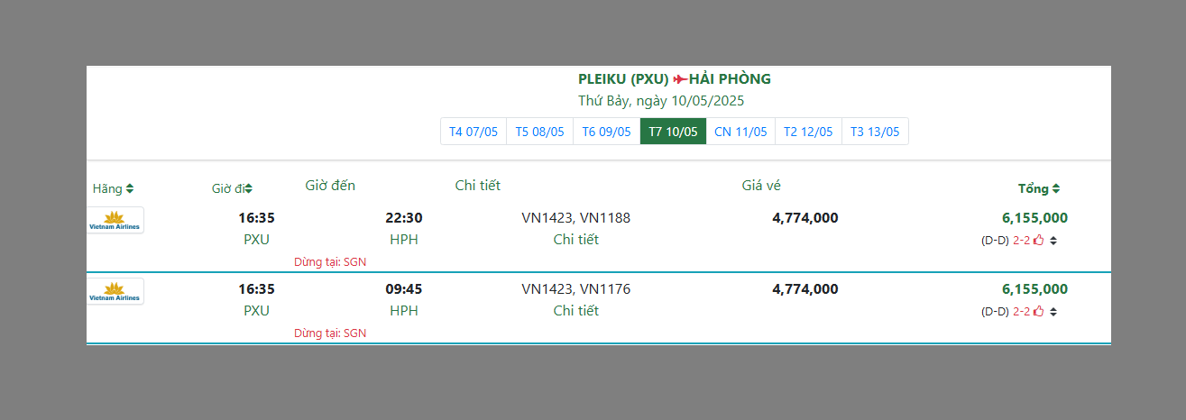 PLEIKU (PXU) HẢI PHÒNG Thứ Bảy, ngày 10/05/2025