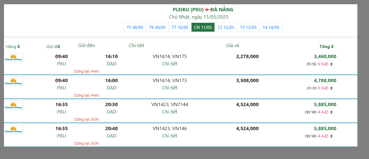 PLEIKU (PXU) ĐÀ NẴNG Chủ Nhật, ngày 11/05/2025