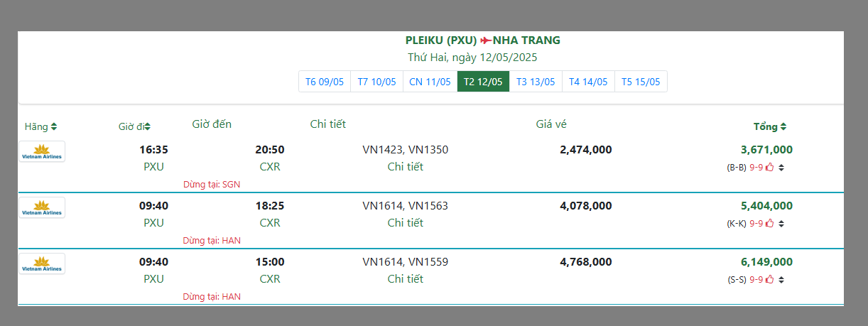 PLEIKU (PXU) NHA TRANG Thứ Hai, ngày 12/05/2025