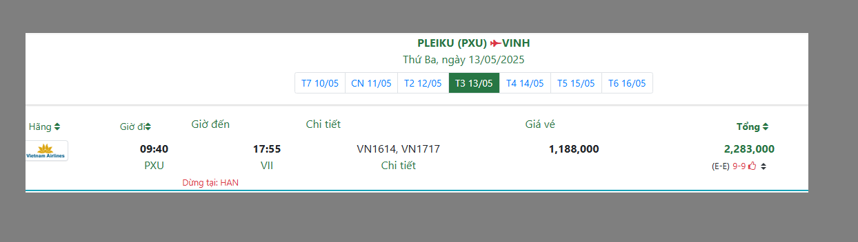 PLEIKU (PXU) VINH Thứ Ba, ngày 13/05/2025