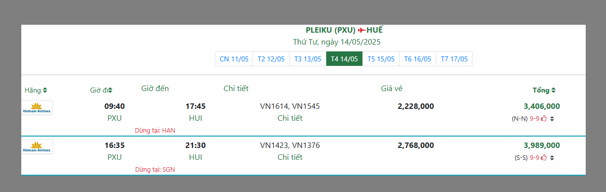 PLEIKU (PXU) HUẾ Thứ Tư, ngày 14/05/2025