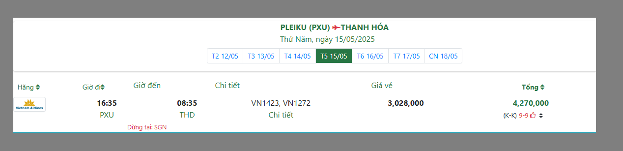 PLEIKU (PXU) THANH HÓA Thứ Năm, ngày 15/05/2025
