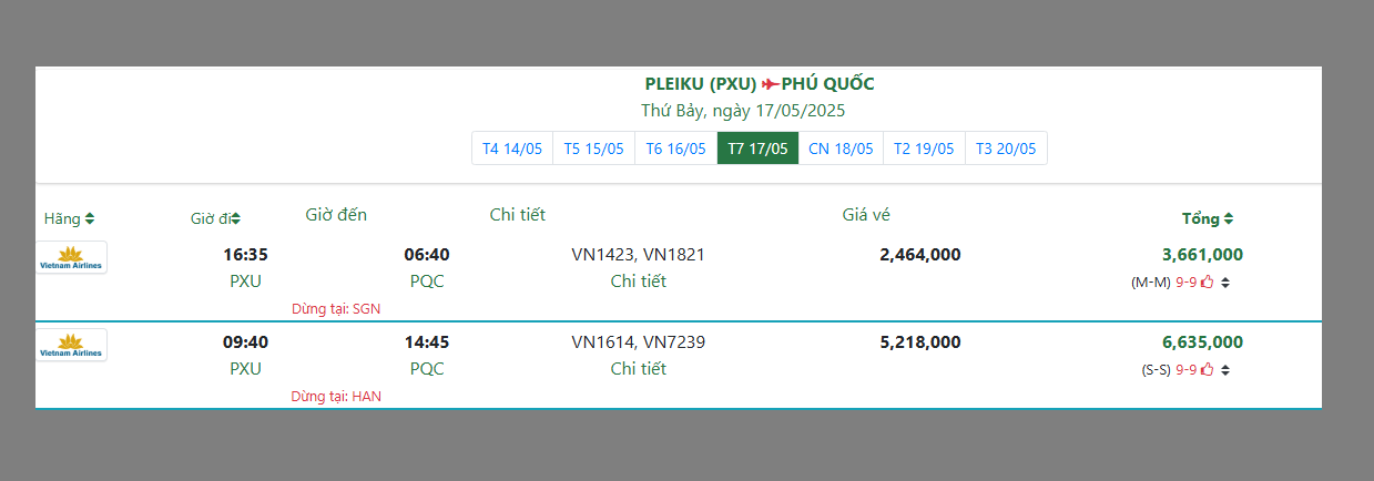 PLEIKU (PXU) PHÚ QUỐC Thứ Bảy, ngày 17/05/2025
