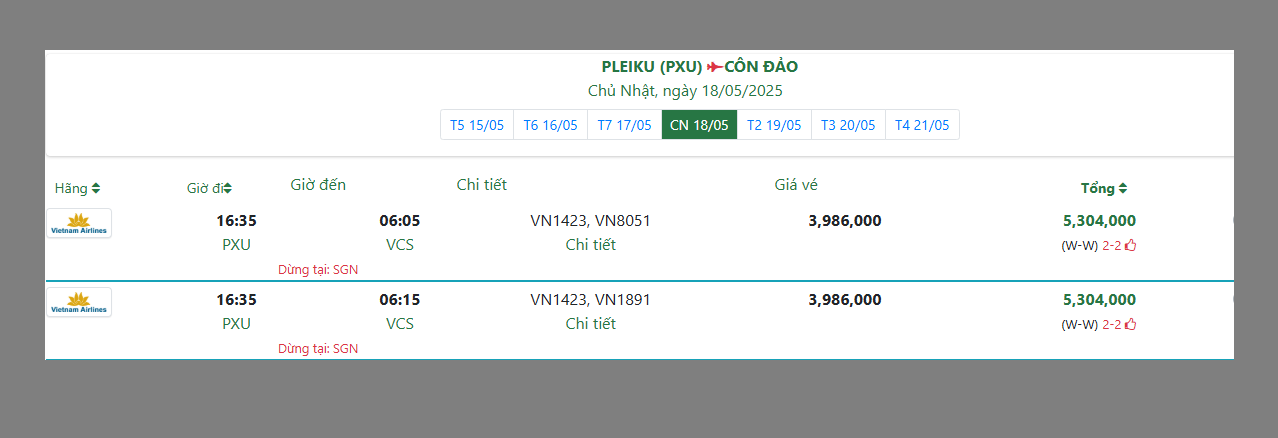 PLEIKU (PXU) CÔN ĐẢO Chủ Nhật, ngày 18/05/2025