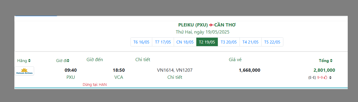 PLEIKU (PXU) CẦN THƠ Thứ Hai, ngày 19/05/2025