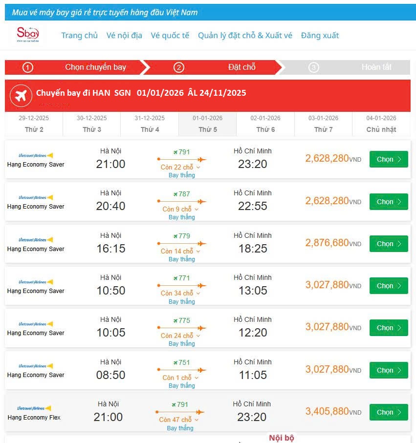 Chuyến bay đi HAN  SGN   01/01/2026  ÂL 24/11/2025