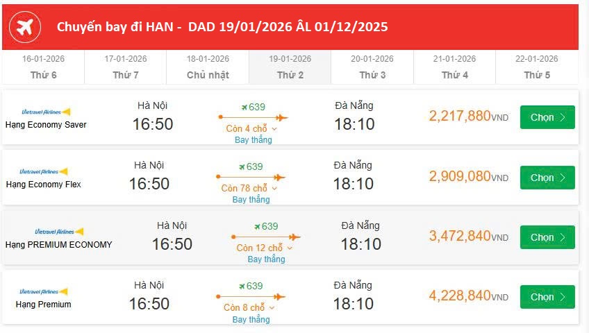 Vé May Bay Hà Nội - Đà Nẵng  19/01/2026