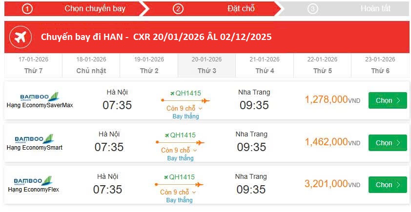 Vé máy bay Hà Nội - Nha Trang  20/01/2026