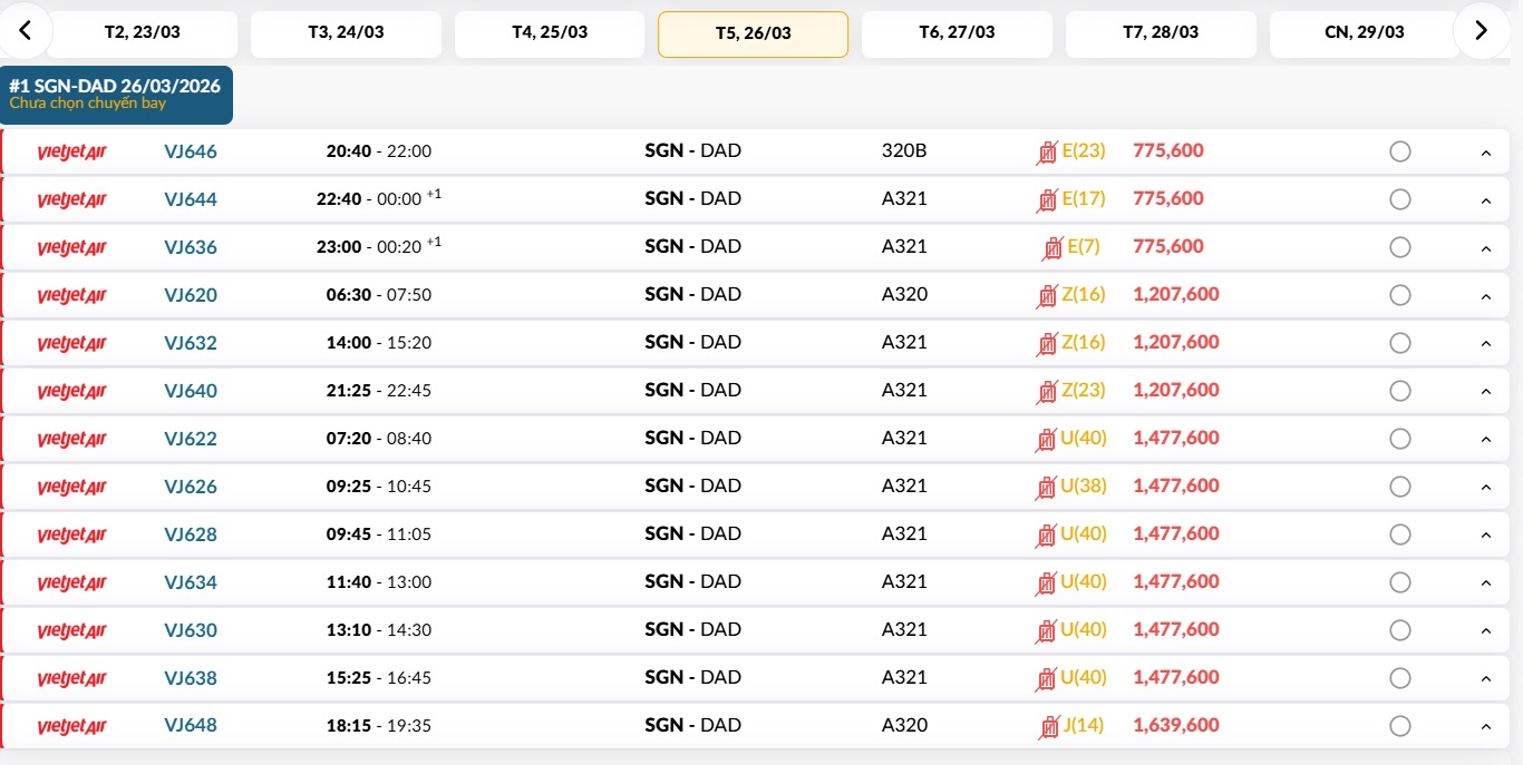 TP. Hồ Chí Minh (SGN) - Đà Nẵng (DAD) Thứ năm 26/03/2026