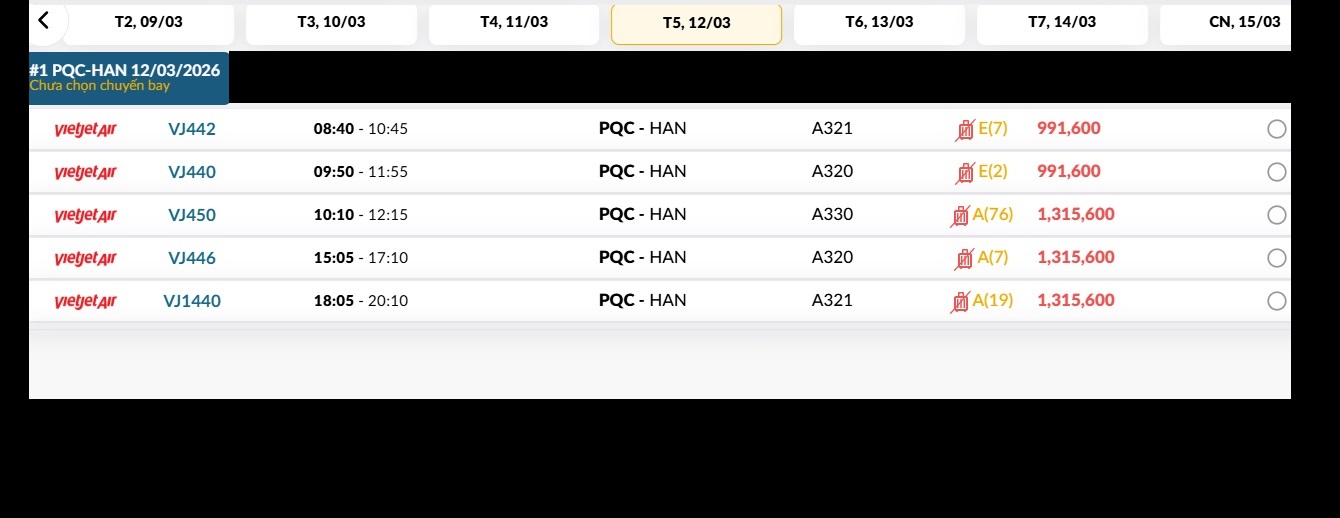 Phú Quốc (PQC) - Hà Nội (HAN) Thứ năm 12/03/2026