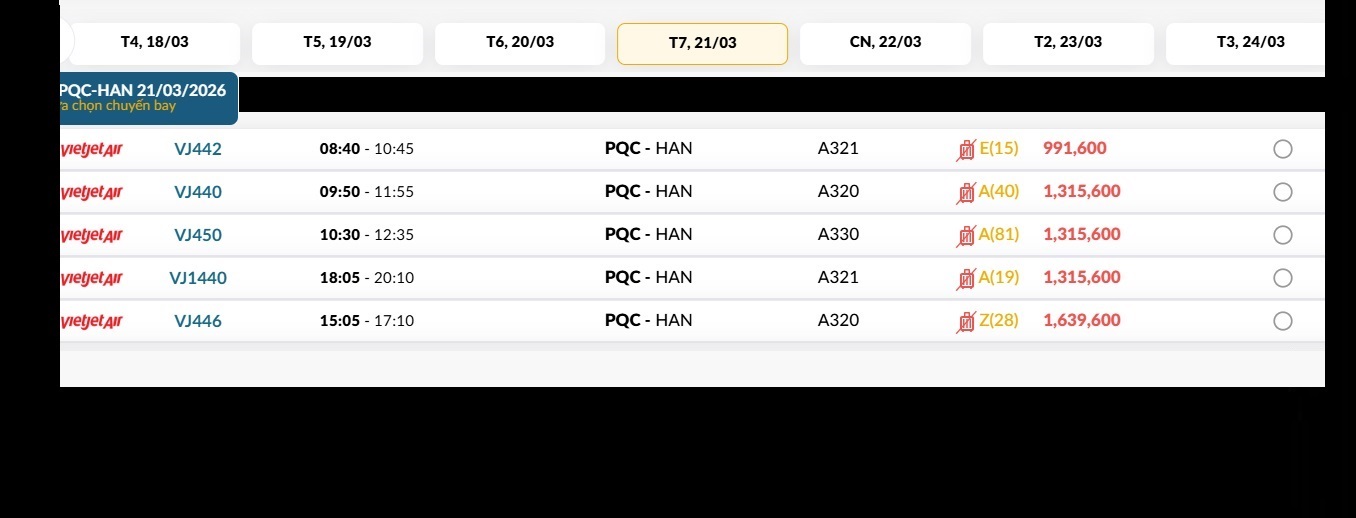 Phú Quốc (PQC) - Hà Nội (HAN) Thứ bảy 21/03/2026