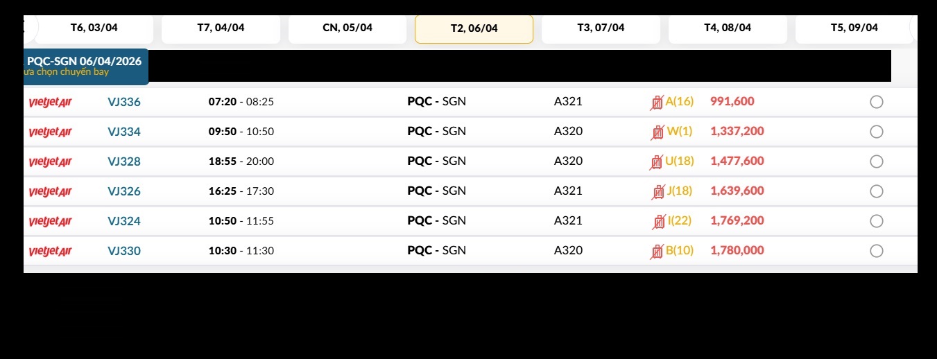 Phú Quốc (PQC) - TP. Hồ Chí Minh (SGN) Thứ hai 06/04/2026