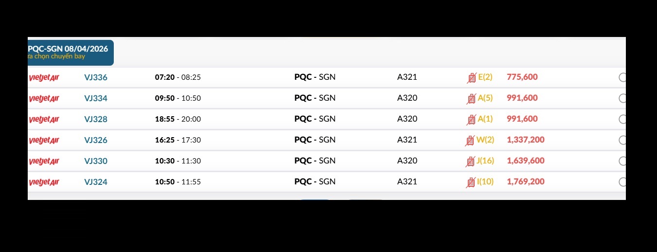 Phú Quốc (PQC) - TP. Hồ Chí Minh (SGN) Thứ tư 08/04/2026