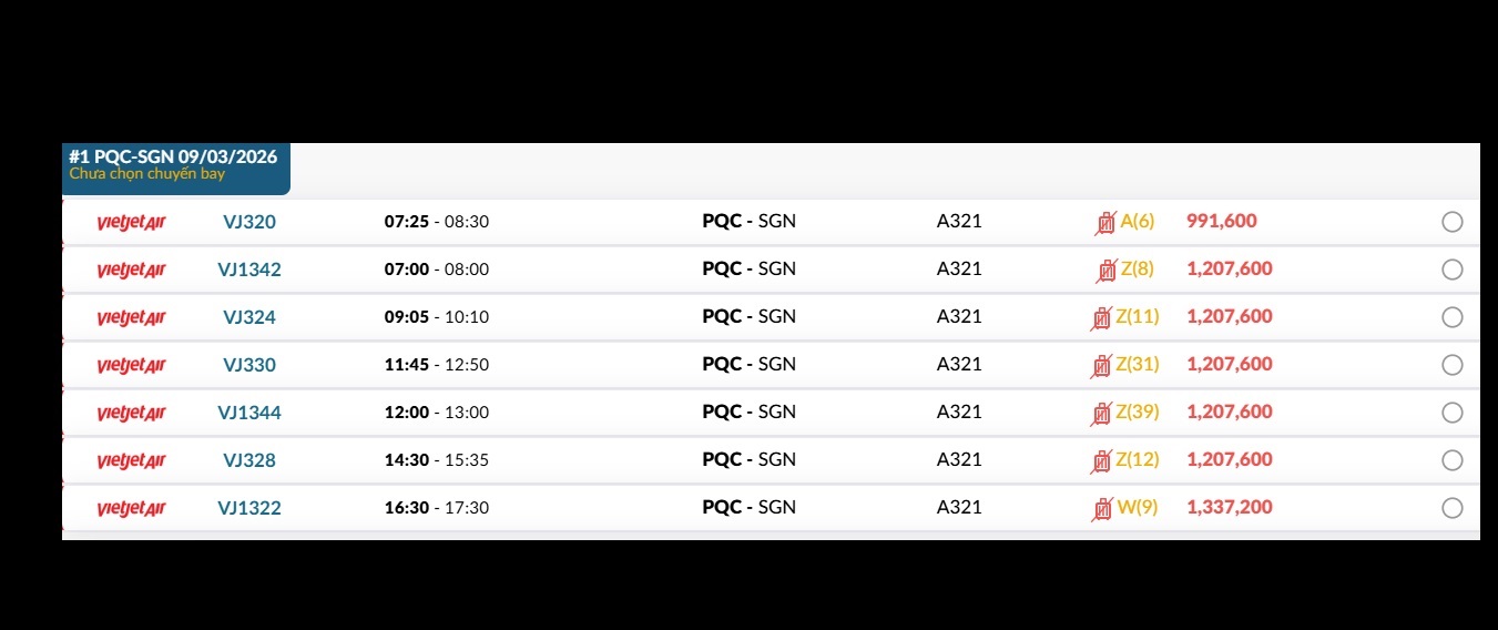 Phú Quốc (PQC) - TP. Hồ Chí Minh (SGN) Thứ hai 09/03/2026