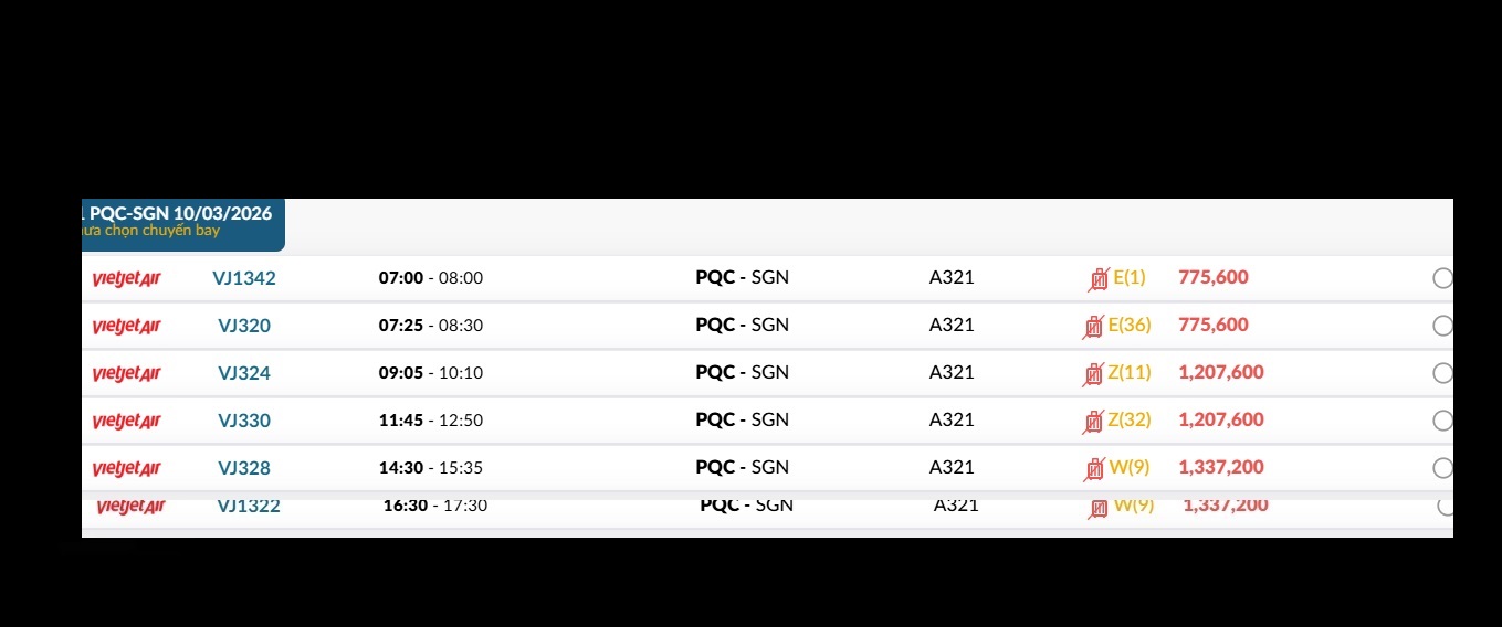 Phú Quốc (PQC) - TP. Hồ Chí Minh (SGN) Thứ ba 10/03/2026