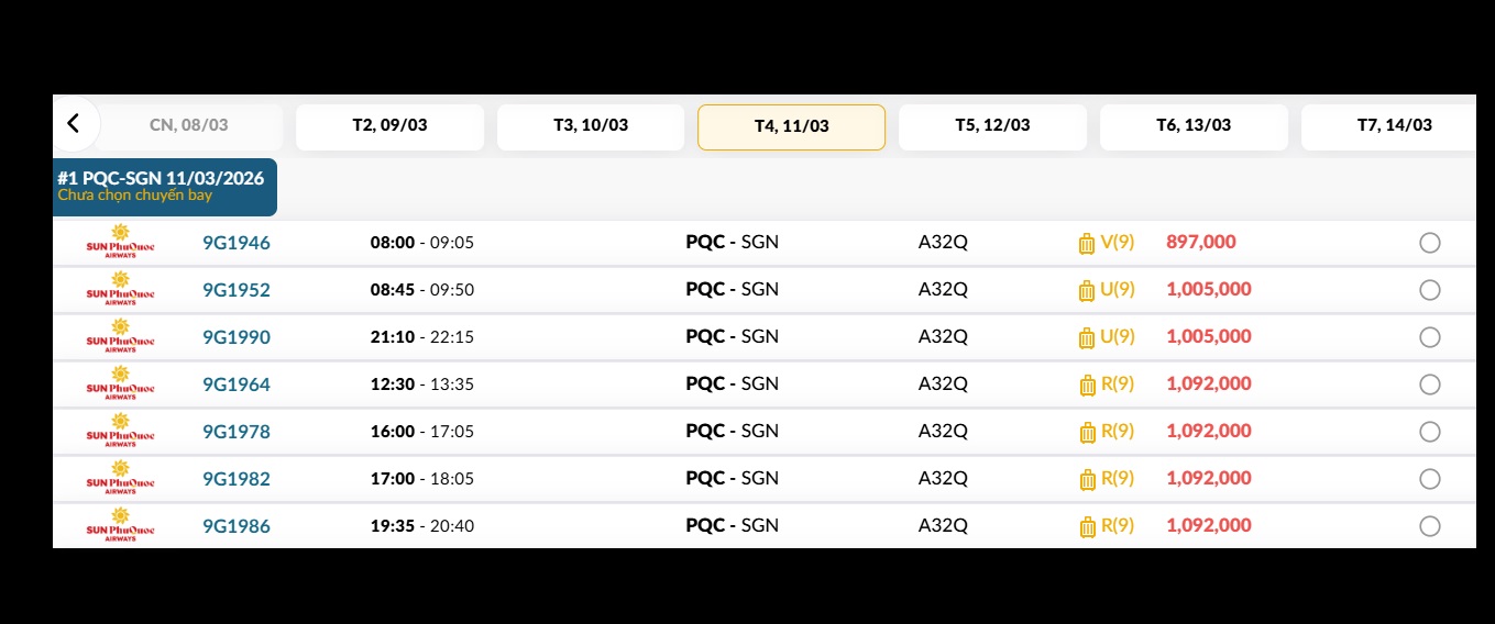 Phú Quốc (PQC) - TP. Hồ Chí Minh (SGN) Thứ tư 11/03/2026