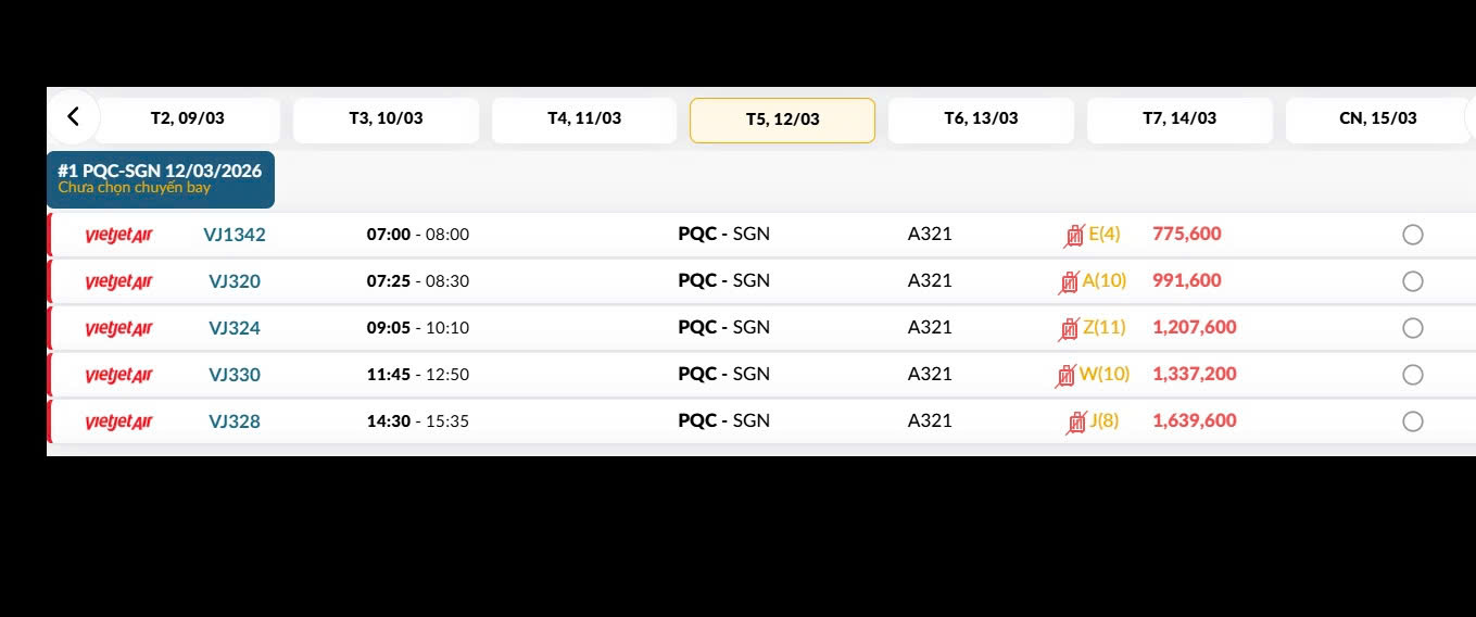 Phú Quốc (PQC) - TP. Hồ Chí Minh (SGN) Thứ năm 12/03/2026
