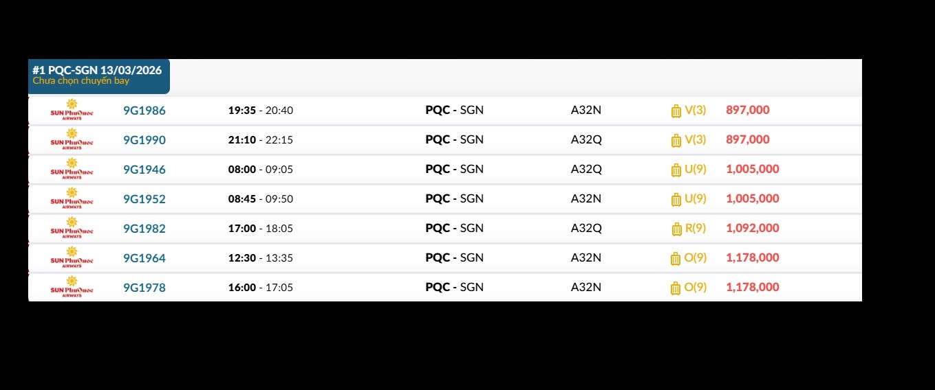 Phú Quốc (PQC) - TP. Hồ Chí Minh (SGN) Thứ sáu 13/03/2026