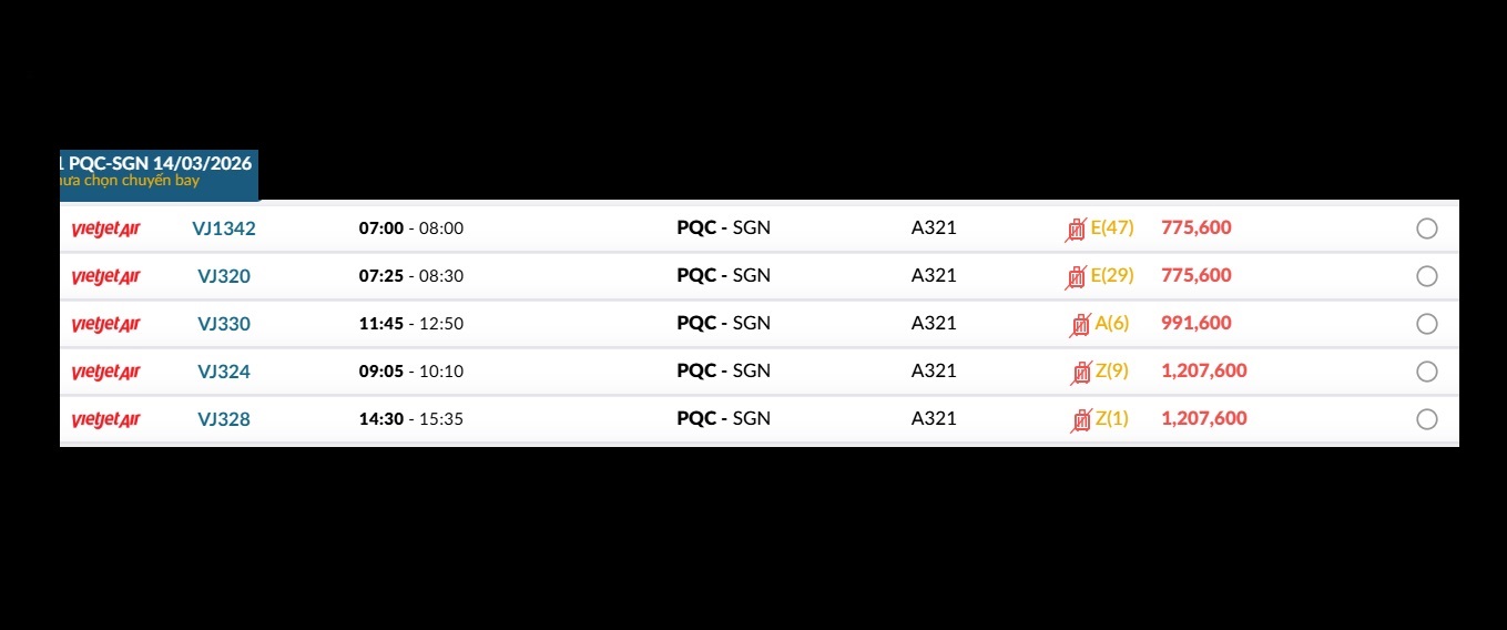 Phú Quốc (PQC) - TP. Hồ Chí Minh (SGN) Thứ bảy 14/03/2026