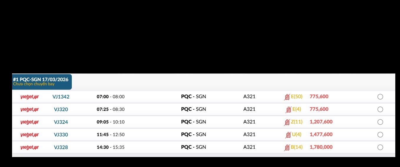 Phú Quốc (PQC) - TP. Hồ Chí Minh (SGN) Thứ ba 17/03/2026