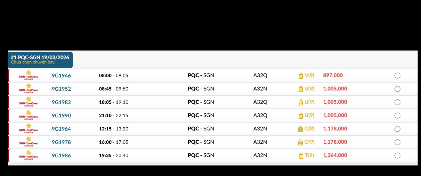 Phú Quốc (PQC) - TP. Hồ Chí Minh (SGN) Thứ năm 19/03/2026