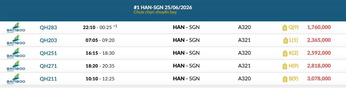 Hà Nội (HAN) - TP. Hồ Chí Minh (SGN) Thứ năm 25/06/2026