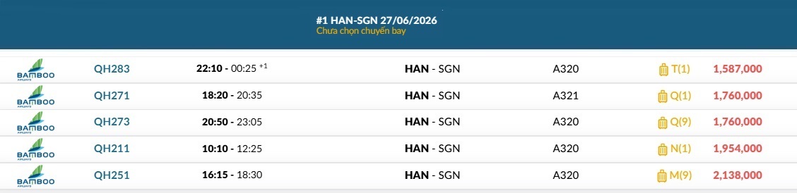 Hà Nội (HAN) - TP. Hồ Chí Minh (SGN) Thứ bảy 27/06/2026