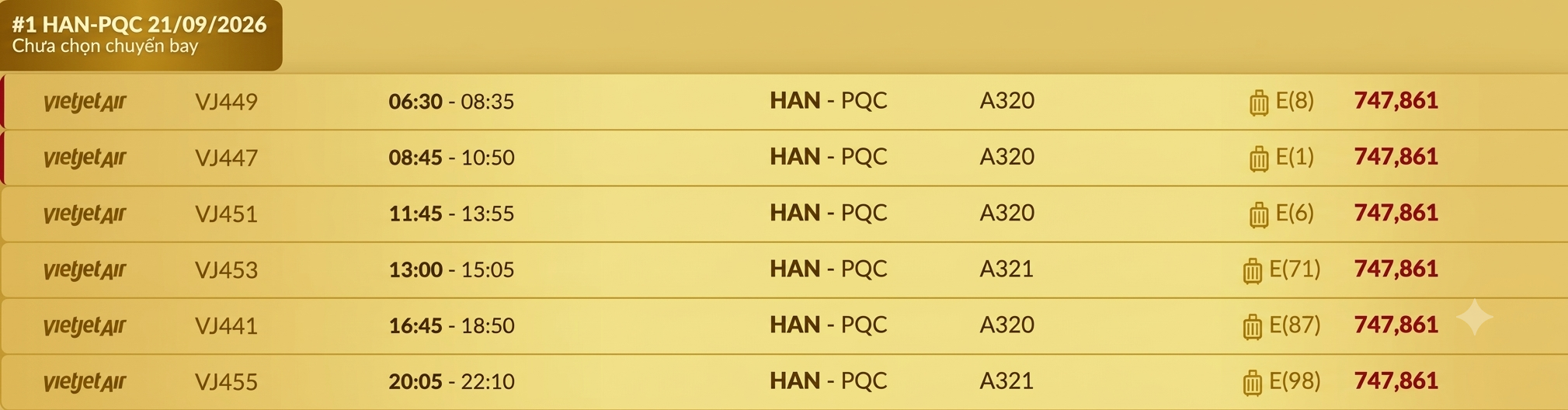 Hà Nội (HAN) - Phú Quốc (PQC) Thứ hai 21/09/2026