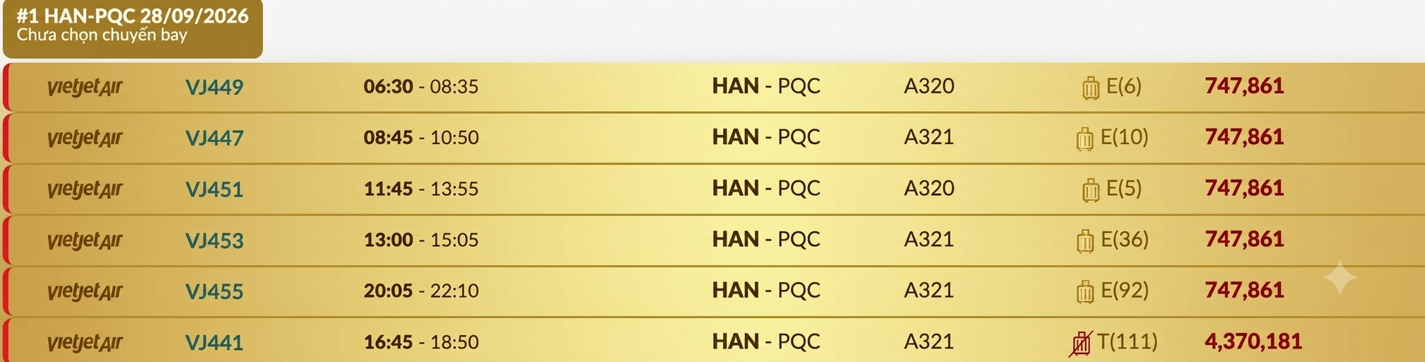 Hà Nội (HAN) - Phú Quốc (PQC) Thứ hai 28/09/2026